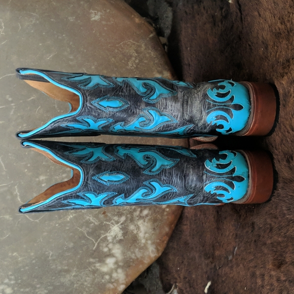 JOHNNY RINGO E1385 charcoal gray & turquoise wing tip boots square toe sz 6.5B - Picture 4 of 16